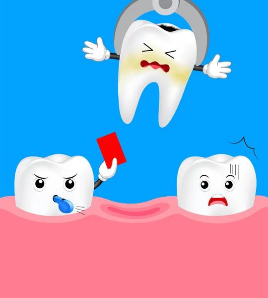 Lindo Árbitro Diente Dibujos Animados Dando Tarjeta Roja Extracción Dental — Archivo Imágenes Vectoriales