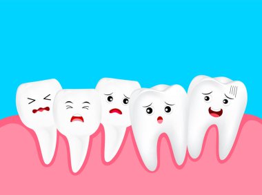 Crowding tooth, cute cartoon character. Dental problem concept, illustration. Isolated on blue background. clipart