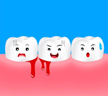 Cute cartoon tooth character with gum problem. Dental care concept, gingivitis and bleeding. Illustration on blue background. clipart