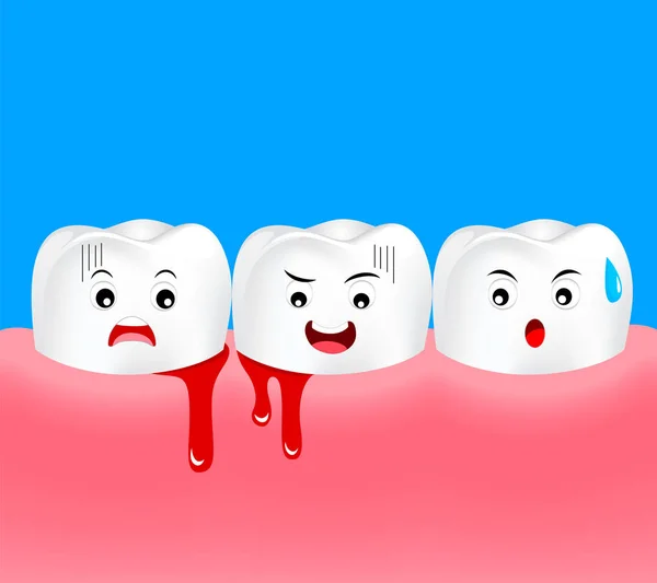 Niedliche Cartoon Zahnfigur Mit Zahnfleischproblem Zahnpflege Konzept Zahnfleischentzündung Und Blutungen — Stockvektor