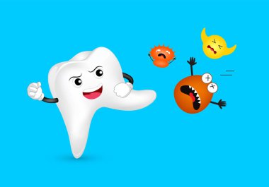 Sevimli çizgi film diş karakteri bakteri saldıran. Diş Bakımı kavramı, illüstrasyon izole mavi arka plan üzerinde.