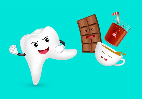 Симпатичный Мультяшный Зуб Нападающий Вредную Пищу Питье Шоколад Кофе Безалкогольные — стоковый вектор