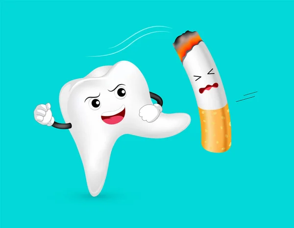 Kreskówka Znak Ząb Atakuje Papierosa Palenie Jest Szkodliwe Dla Zębów — Wektor stockowy