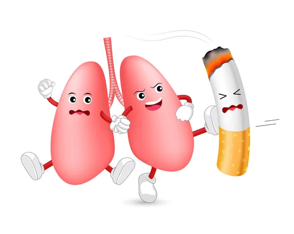 Kreslená Postavička Plic Útočí Cigaretu Kouření Škodlivé Pro Lidské Plíce — Stockový vektor