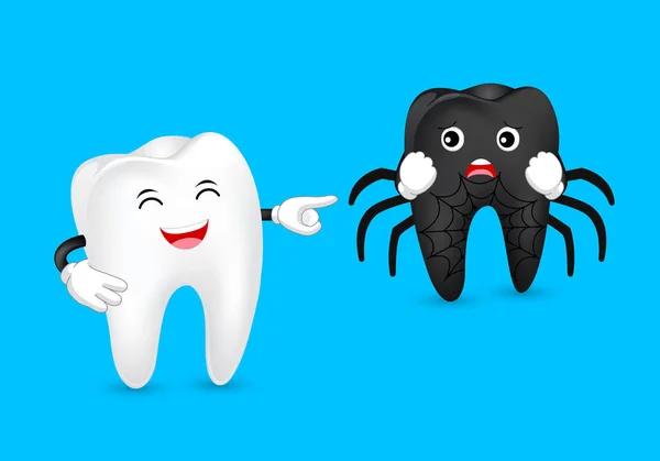牙齿字符与黑牙 黑蜘蛛 有趣的插图 牙科护理的概念 在蓝色背景上隔离的插图 — 图库矢量图片