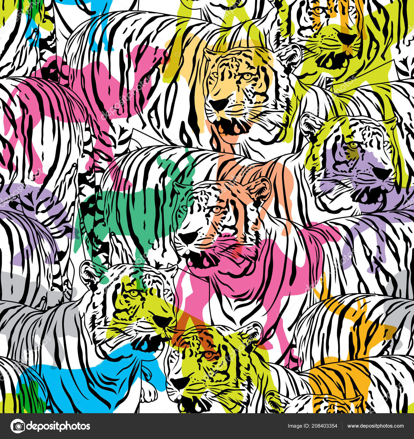 Tigre Con Coloridos Animales Vida Silvestre Silueta Patrón Sin Costuras  Vector de stock #208403354 de ©wowow, image size:1600x1700