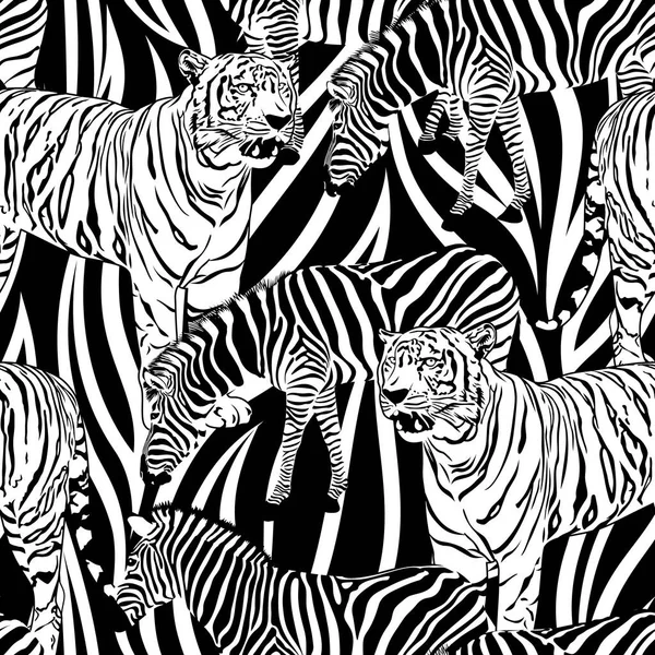 Tiger Zebra Seamless Pattern Wild Life Animals Black White Texture — Stock Vector