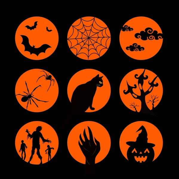 Zestaw Znaków Halloween Pomarańczowy Koła Sylwetki Stylu Ilustracja Wektorowa Czarny — Wektor stockowy
