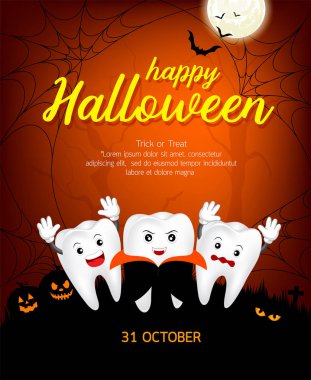 Komik sevimli çizgi diş karakter. Drakula Cadılar Bayramı gecesi ay içinde. Gösterim amacıyla afiş, poster ve tebrik kartı.