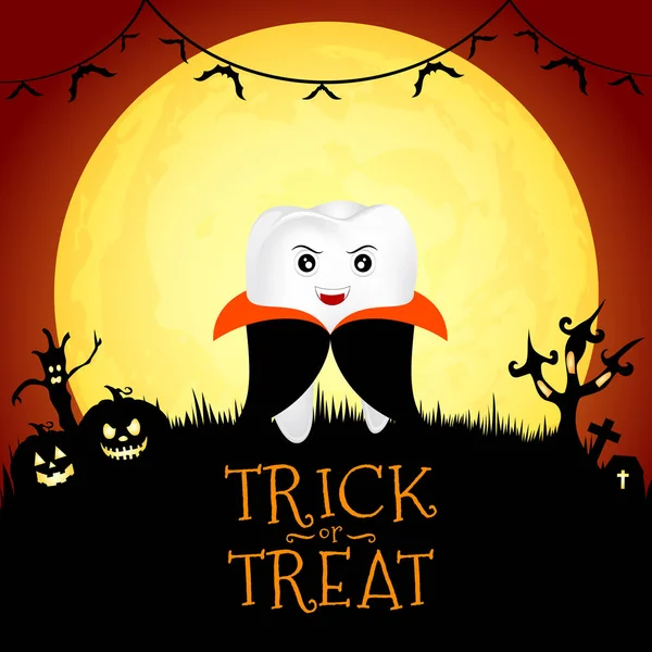 Funny Cute Cartoon Tooth Character Dracula Moon Night Halloween Illustration — Stock Vector