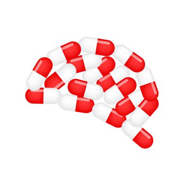 insan beyni şeklinde tıbbi kapsül. Ruh sağlığı tedavi, sağlık ve ilaç. Simgesi tasarım, illüstrasyon izole beyaz arka plan üzerinde