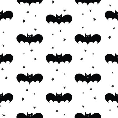 Cadılar Bayramı kara yarasadan seamless modeli. Siluet stil. Beyaz arka plan üzerinde izole vektör çizim.