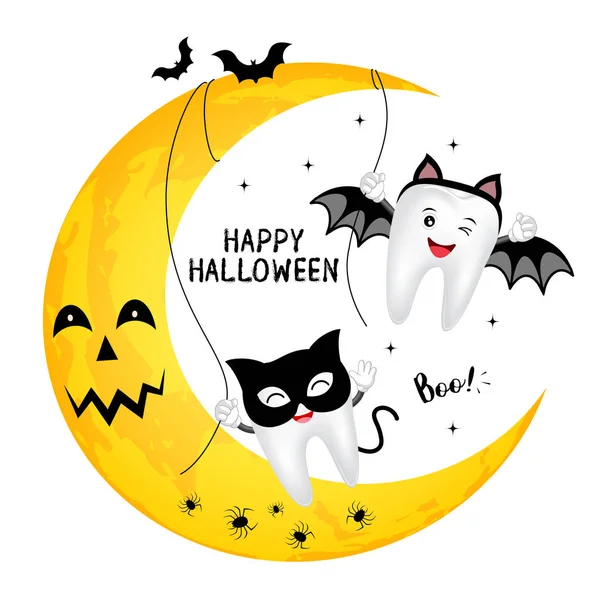 滑稽可爱的卡通牙齿字符 黑猫和蝙蝠 万圣节快乐的概念 设计横幅 — 图库矢量图片