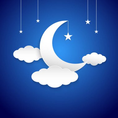 Beyaz yarım ay, bulutlar ve gece kağıt sanat ve el sanatları tarzı kavram olarak yıldız. İllüstrasyon mavi zemin üzerine.