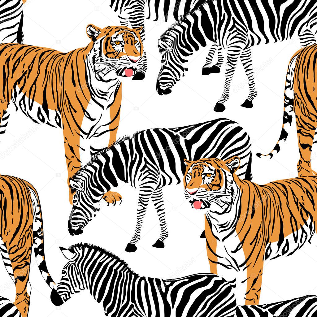 Tiger and zebra seamless pattern. Wild animals background texture. Illustration.