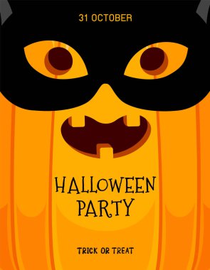 Siyah maske ile kabak karakter. Mutlu Cadılar Bayramı kavramı. Tebrik kartı, afiş, poster, illüstrasyon için tasarım.