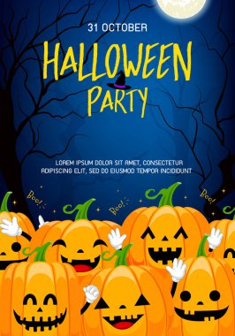 Sevimli çizgi kabak karakter. Mutlu Cadılar Bayramı afiş tasarımı. Oyun ya da şeker, kavram, illüstrasyon parti yapalım.