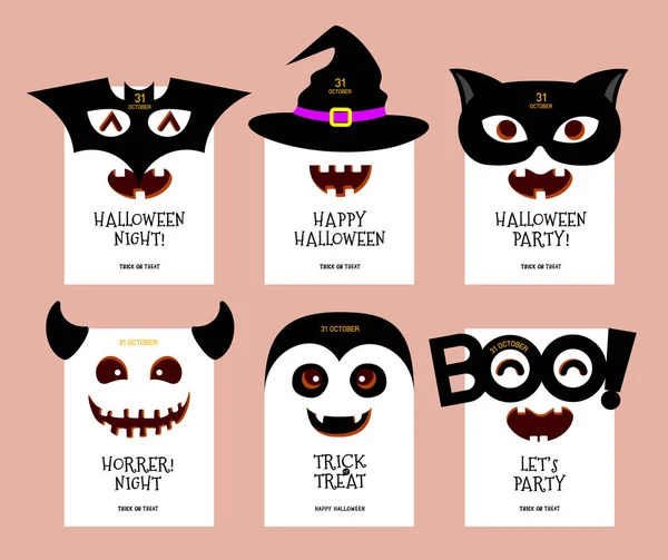 Funny Cartoon Halloween Character Design Card Bat Witch Black Cat — Stock Vector