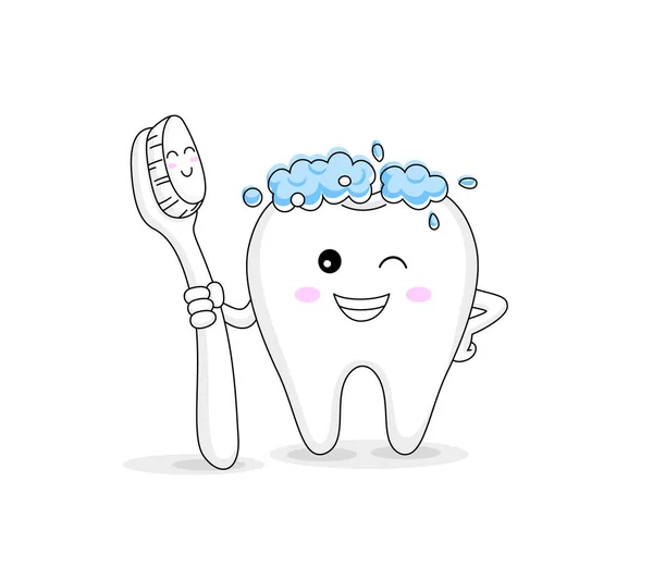 Lindo Personaje Dibujos Animados Diente Sosteniendo Cepillo Dientes Concepto Cuidado — Vector de stock