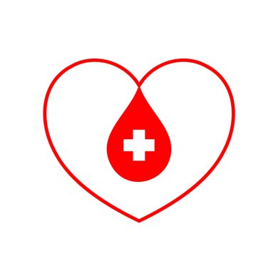 Kırmızı kan kalp şeklinde. Sağlık, tıp ve kan bağışı kavramı. Simgesi tasarım. Beyaz arka plan üzerinde izole vektör çizim.