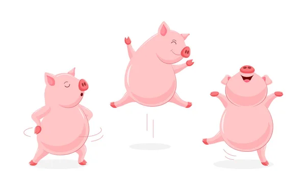 一套滑稽可爱的卡通猪跳舞 字符设计 在白色背景上隔离的矢量插图 — 图库矢量图片