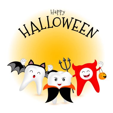 Komik sevimli çizgi diş. Cadı, mumya ve canavar karakter. Mutlu Cadılar Bayramı kavramı. Tasarım afiş, poster, tebrik kartı için. İllüstrasyon.