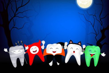 Komik sevimli çizgi diş karakter. Anne, şeytan, Dracula, yarasa ve ay gece zombi. Mutlu Cadılar Bayramı kavramı. Tasarım afiş, poster, tebrik kartı için. İllüstrasyon.
