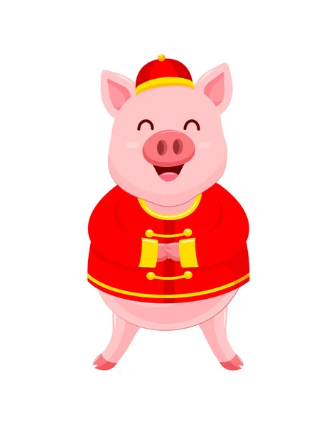 滑稽的卡通猪角色穿着中国传统服装 中国新年快乐的概念 快乐的小猪微笑 在白色背景上隔离的插图 — 图库矢量图片