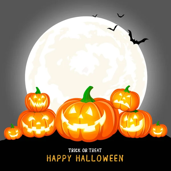 Halloween pumpkins, ay ve gri arka plan üzerinde koyu kale. Mutlu Cadılar Bayramı kavramı. Tebrik kartı, poster afiş veya baskı için illüstrasyon tasarımı.