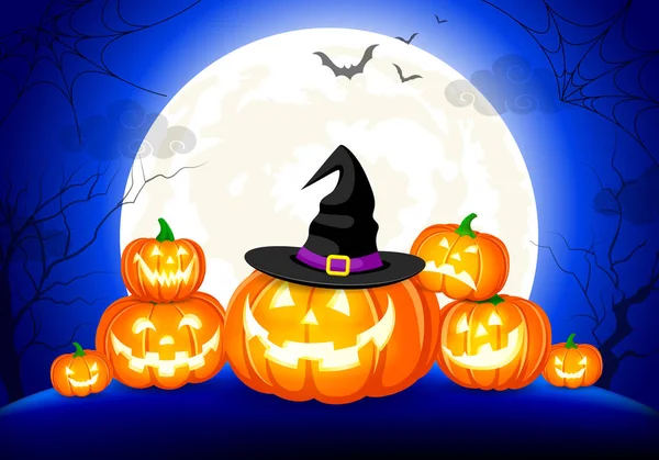 Halloween pumpkins, ay ve mavi arka plan üzerinde koyu kale. Mutlu Cadılar Bayramı kavramı. Tebrik kartı, poster afiş veya baskı için illüstrasyon tasarımı.