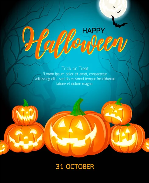 Halloween pumpkins, ay ve mavi arka plan üzerinde koyu kale. Mutlu Cadılar Bayramı kavramı. Tebrik kartı, poster afiş veya baskı için illüstrasyon tasarımı.