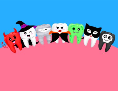 Çizgi film ürkütücü diş üzerinde Halloween kılık. Hüner ya da muamele etmek, Cadılar Bayramı kavramı. İllüstrasyon izole mavi arka plan üzerinde.