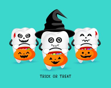 Çizgi film ürkütücü diş siyah şapkalı. Hüner ya da muamele etmek, Cadılar Bayramı kavramı. İllüstrasyon izole yeşil arka plan üzerinde.