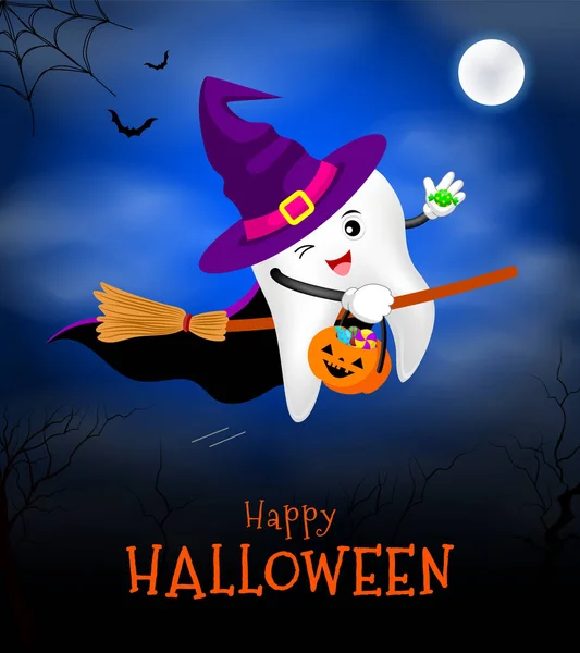 Cute Scary Tooth Character Design Witch Happy Halloween Concept Illustration — Stock Vector