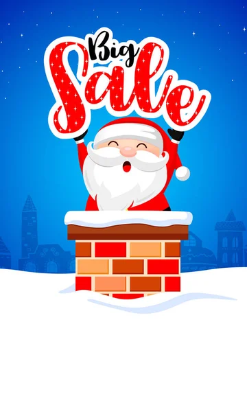 Santa Claus Holding Big Sale Text Chimney Snow Roof Cute — Stock Vector