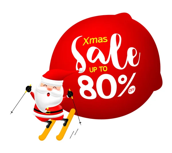 Santa Claus Skiing Big Bag Christmas Sale Text Merry Christmas — Stock Vector