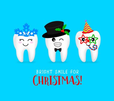 Noel diş karakter kümesi. İfadeler yüz ifadeleri. Komik diş bakımı kavramı. İllüstrasyon izole mavi arka plan üzerinde.