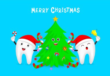 Noel diş karakterler ile Noel ağacı kutlamak. İfadeler yüz ifadeleri. Komik diş bakımı kavramı. İllüstrasyon izole mavi arka plan üzerinde.