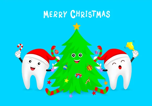 Les Personnages Dents Noël Célèbrent Avec Arbre Noël Émoticônes Expressions — Image vectorielle