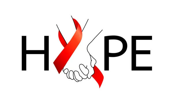 Trzymając Ręce Czerwoną Wstążką Nadziei Światowy Dzień Aids Pomocy Świadomości — Wektor stockowy