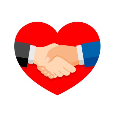 Shaking hands on business in red heart shape. Symbol of success deal, happy partnership, greeting shake, casual handshaking agreement flat design. Vector illustration isolated on white background clipart