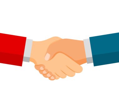 Shaking hands on business. Symbol of success deal, happy partnership, greeting shake, casual handshaking agreement flat design. Vector illustration isolated on white background clipart