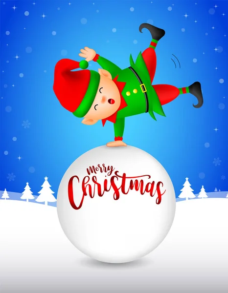 Niedlichen Cartoon Kleine Elfe Mit Schneeball Frohe Weihnachten Und Ein — Stockvektor