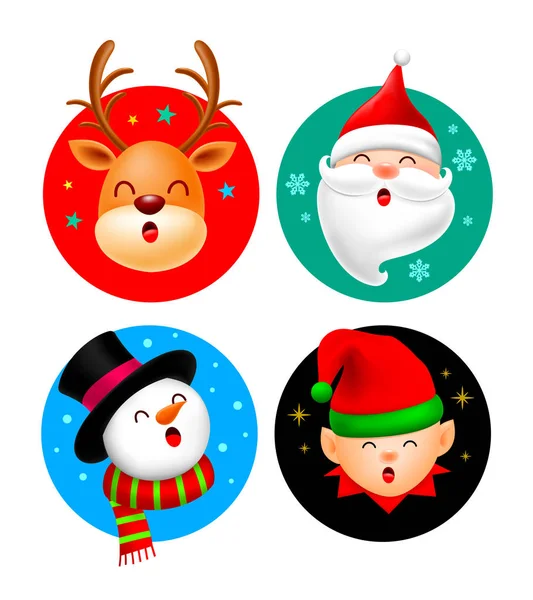 Sada Vánočních Postava Design Kruhu Sobi Santa Claus Sněhulák Kreslené — Stockový vektor