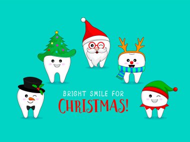 Noel diş karakter kümesi. Noel Baba, kardan adam, elf ve Ren geyiği. Noel, diş bakımı kavramı için parlak bir gülümseme. Vektör çizim üzerinde yeşil arka plan izole.