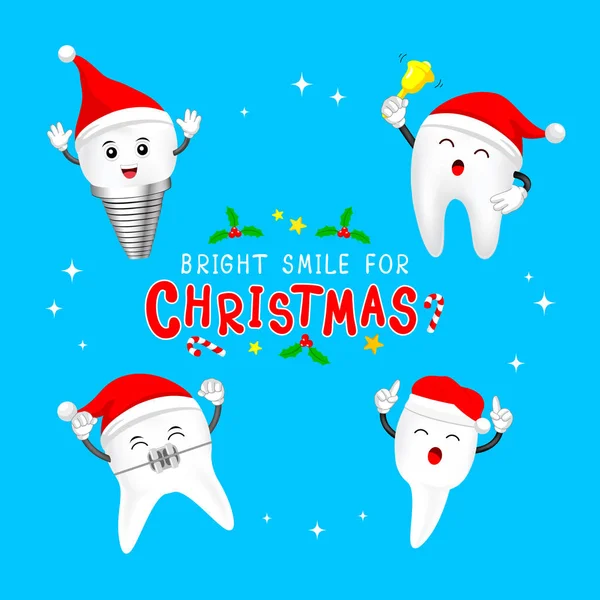 Dientes Dibujos Animados Lindo Feliz Con Sombrero Santa Concepto Cuidado — Archivo Imágenes Vectoriales