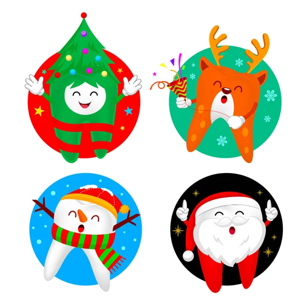 Dentes Natal Personagens Design Círculo Papai Noel Snowman Árvore Natal — Vetor de Stock