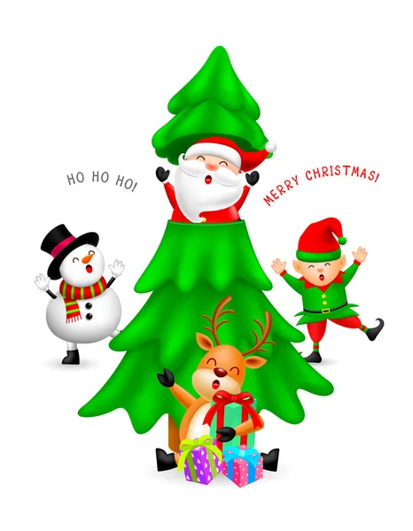 Divertidos Personajes Dibujos Animados Navidad Con Árbol Navidad Santa Claus — Vector de stock