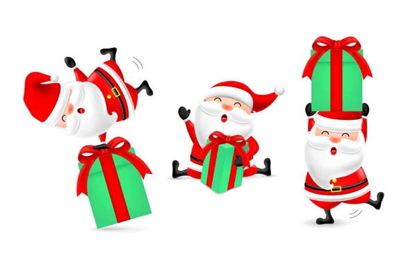 Collection Cute Cartoon Santa Claus Gift Boxes Merry Christmas Happy — Stock Vector