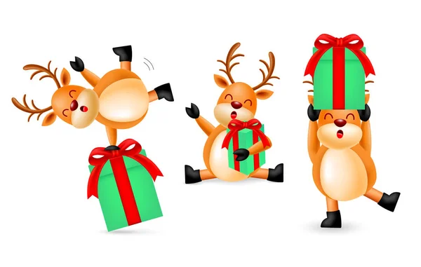 Collezione Simpatici Cartoni Animati Renna Con Confezioni Regalo Buon Natale — Vettoriale Stock